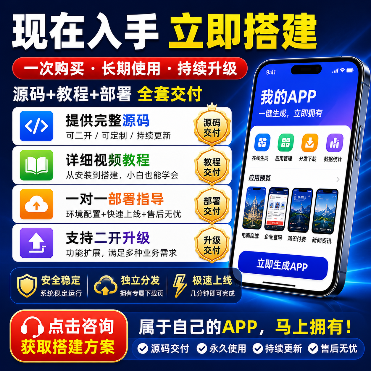 一站式APP搭建方案：提供完整源码、视频教程与一对一指导，支持二开定制与永久使用